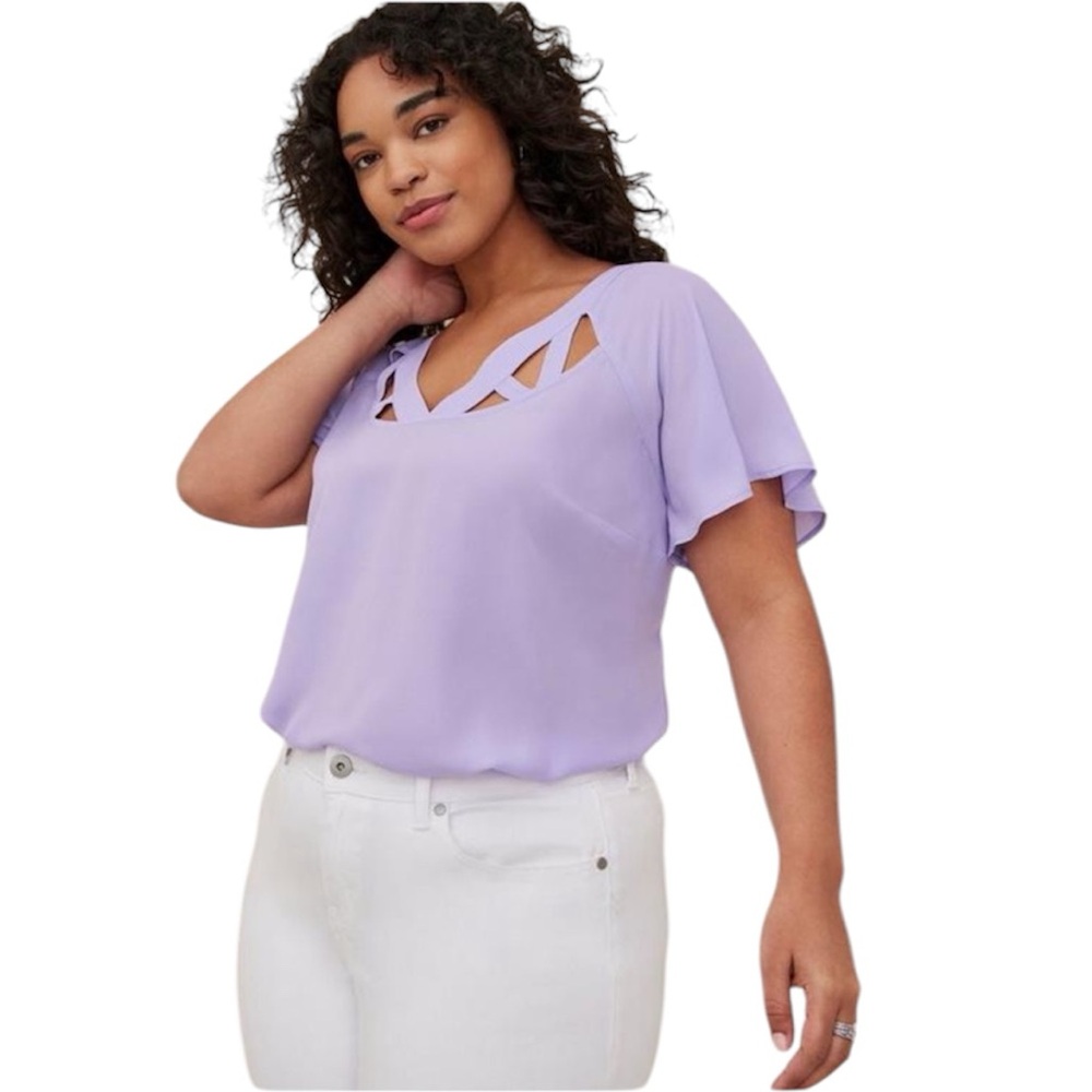 Torrid Georgette Cage Front tee shirt ruffle Blouse in lavender colour s…